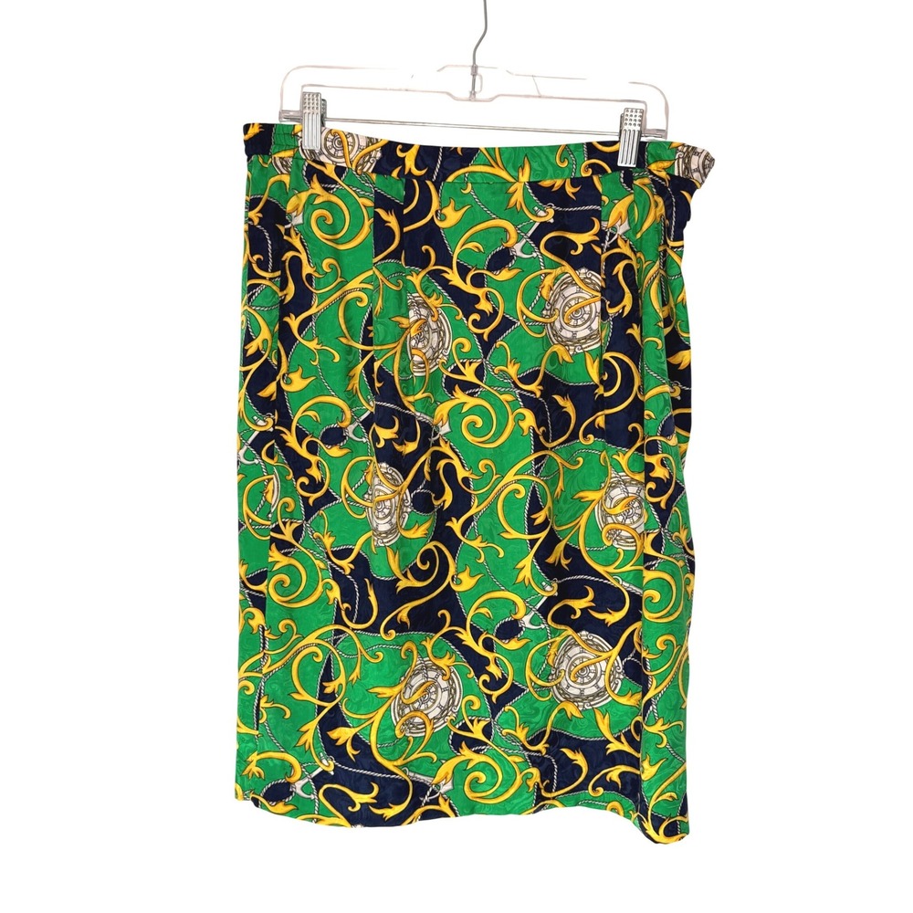 VTG 100% Silk Baroque Chain Print Midi Skirt Green Navy Nautical Yacht Size 14
